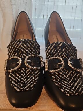 ANTONIO MELANI Black & White Herringbone Loafers with Silver Buckles